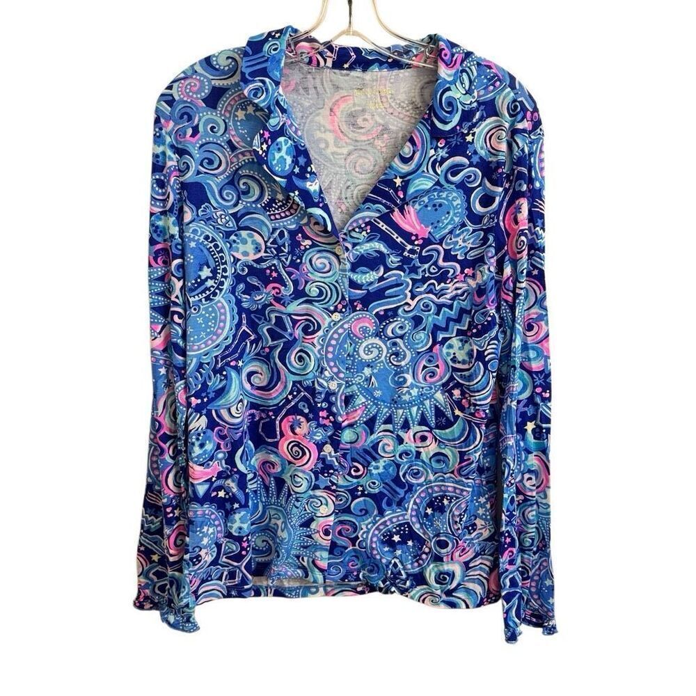 NEW Lilly Pulitzer Ruffle PJ Button Up Top Lapis Lazuli Cosmic Kismet Medium